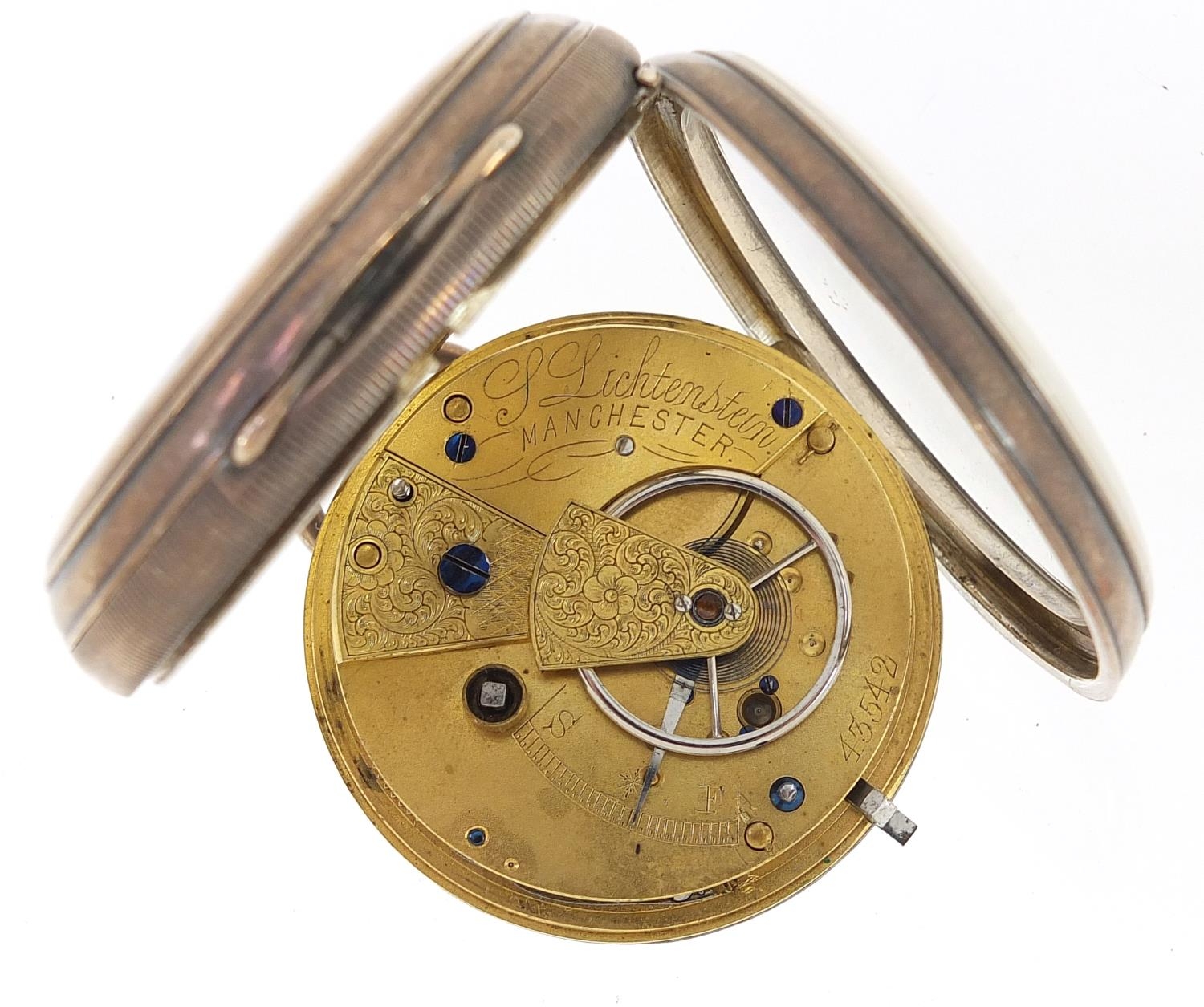 S Lichtenstein, gentlemen's silver open face pocket watch, the fusee movement numbered 43542, the - Image 3 of 3