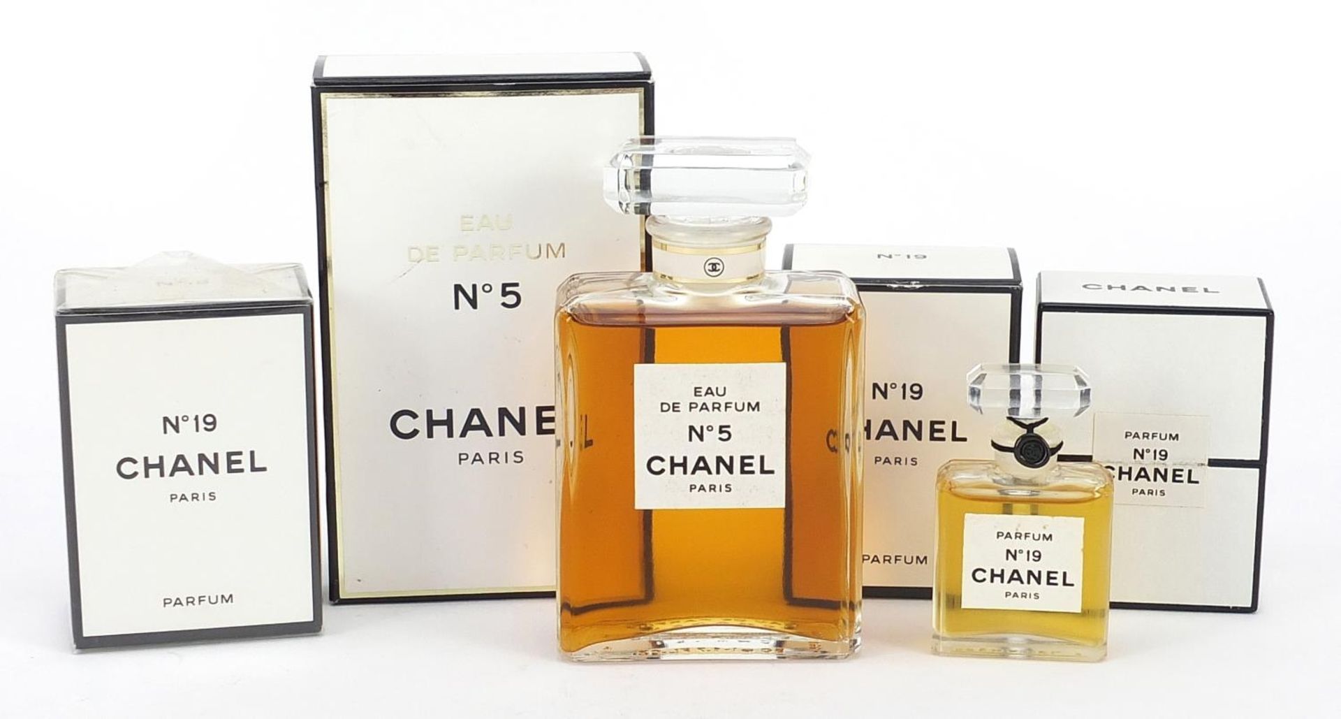 Three bottles of Chanel No 5 and No 19 perfume with contents including sealed as new 7ml