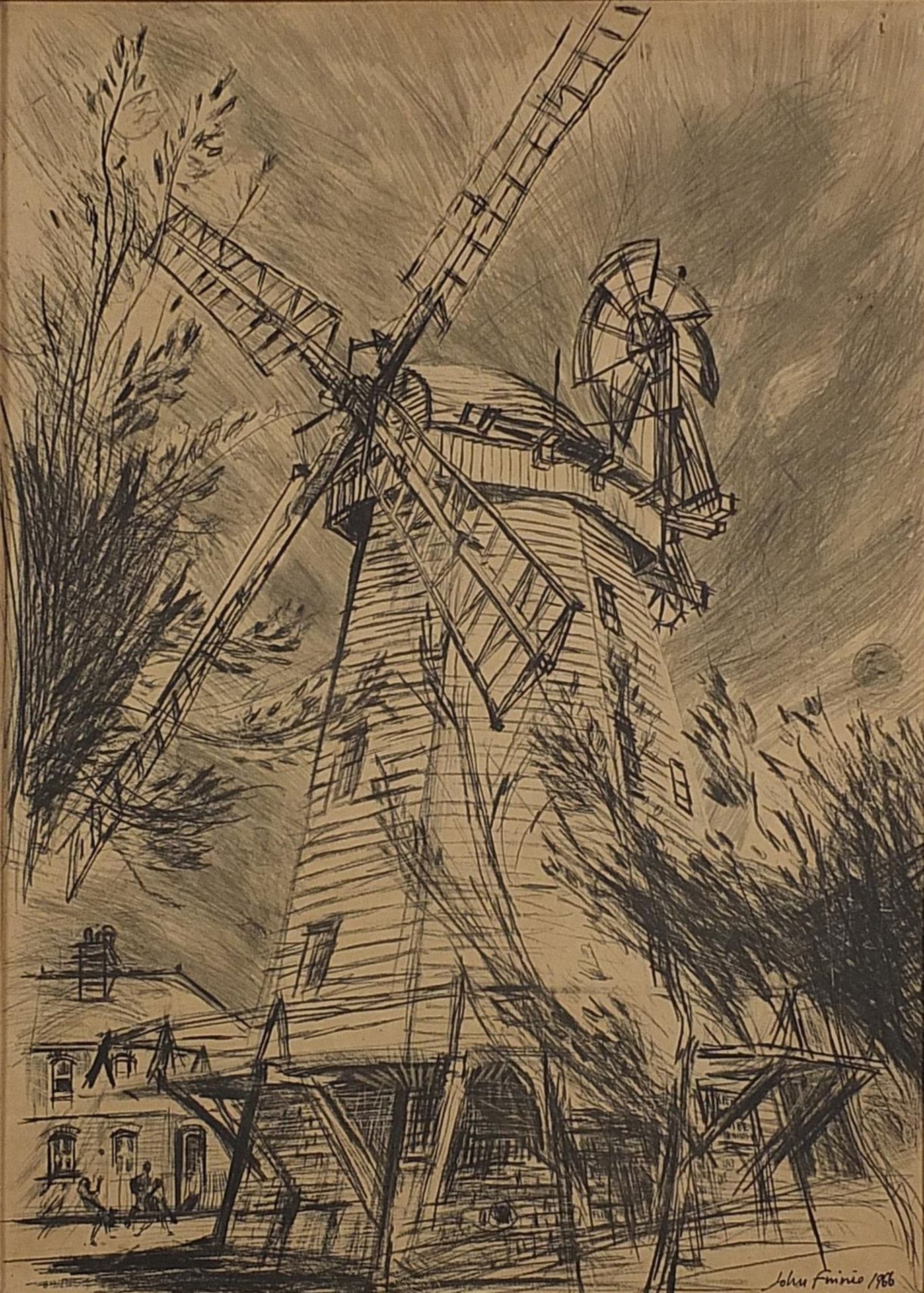 Street scenes and windmill, set of three 1960s prints, one in colour, framed, each 80cm x 58cm - Image 2 of 12