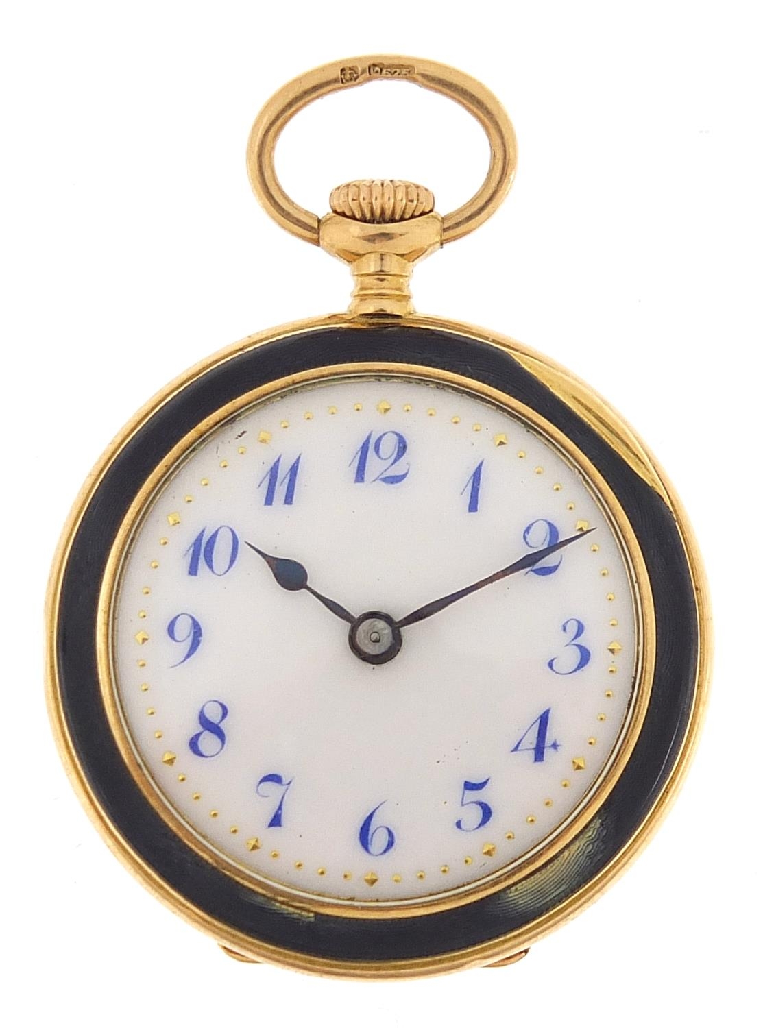 Ladies 9ct gold purple guilloche enamelled open face pocket watch, 27mm in diameter, 17.0g