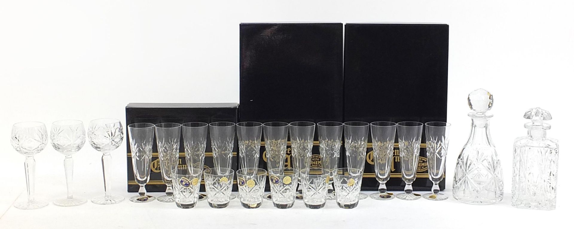 Collection of Bohemian Crystal including two boxed sets of six Champagne flutes, boxed set of six