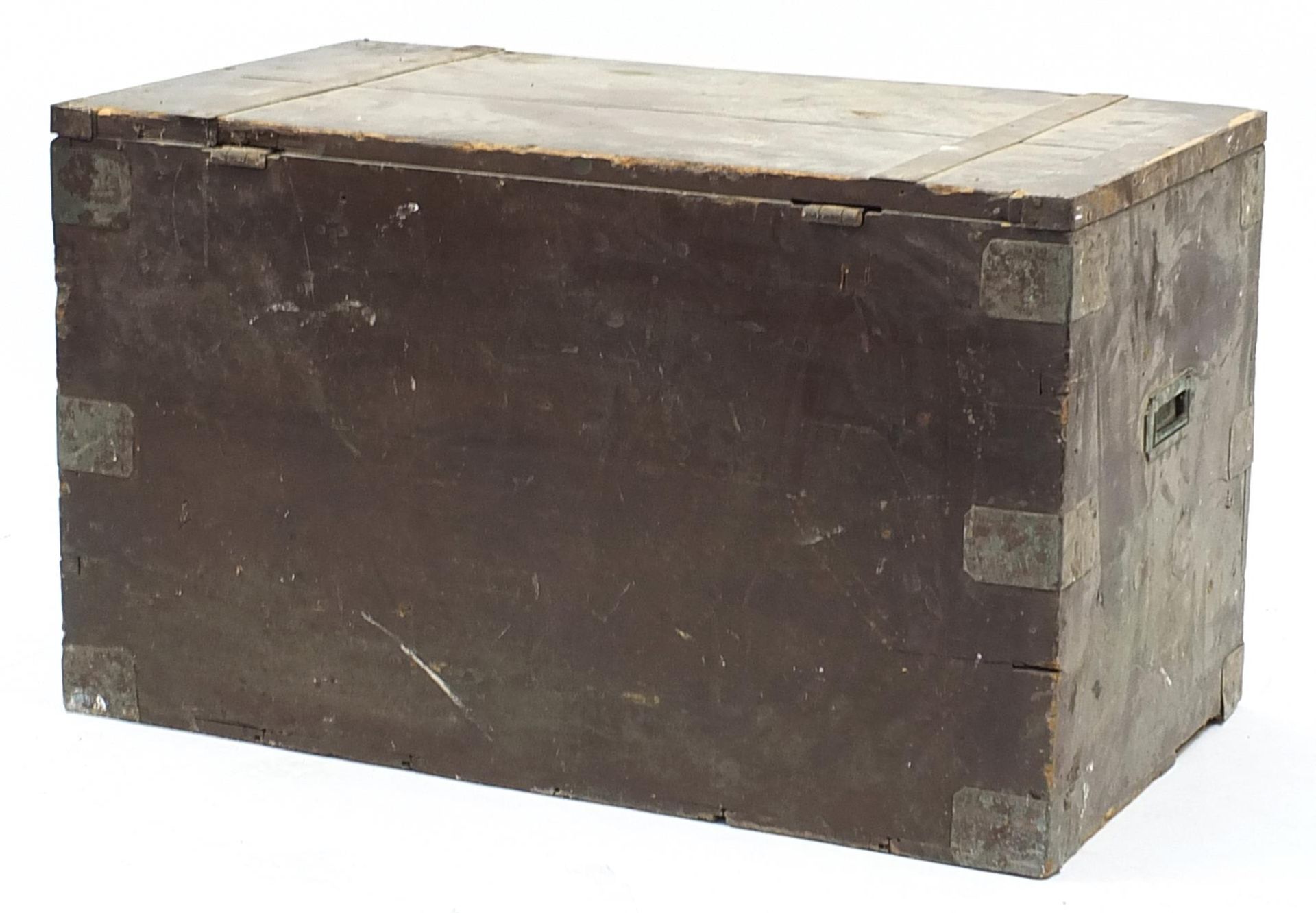 Victorian military interest metal bound pine trunk, 53cm H x 91cm W x 51cm D - Image 4 of 4