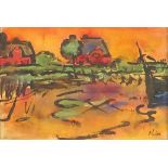 River landscape with buildings, watercolour, mounted, framed and glazed, 18cm x 12cm excluding the