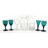19th century and later glassware including a Georgian water jug, four green drinking glasses and a
