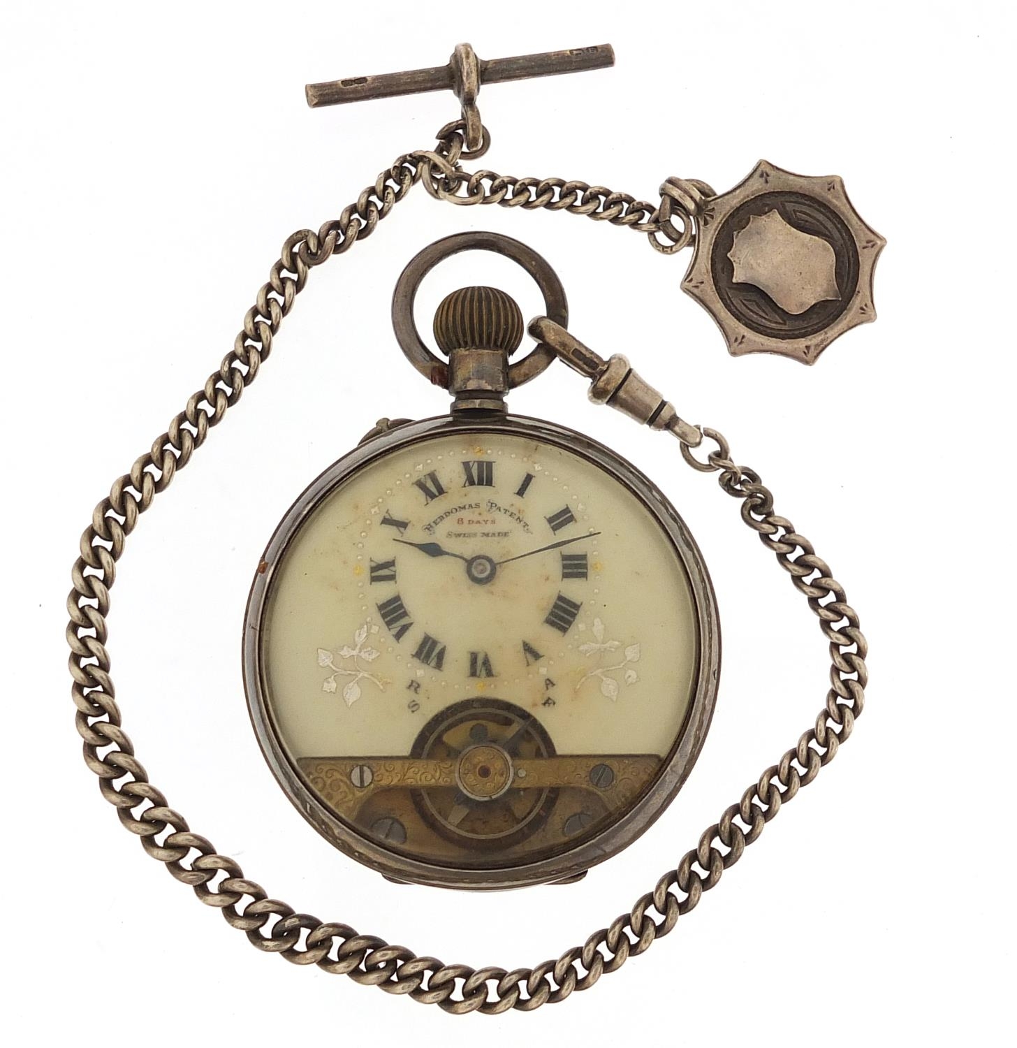 Hebdomas, gentlemen's silver open face pocket watch on a silver watch chain with T bar and jewel, - Image 3 of 5