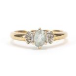 9ct gold diamond and aquamarine ring, size O, 1.9g