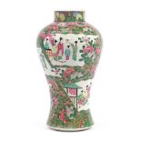 Large Chinese Canton porcelain floor standing baluster vase hand painted in the famille rose palette