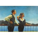After Jack Vettriano - Two figures before a river, oil on board, mounted and framed, 88cm x 60cm