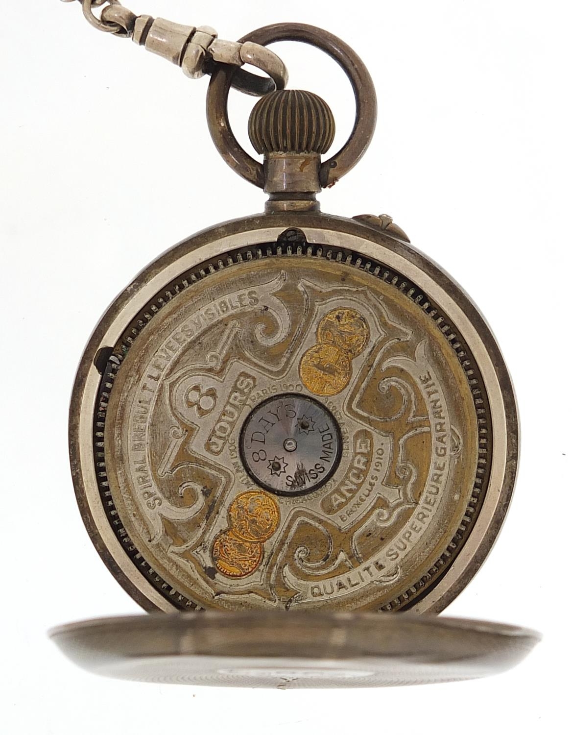 Hebdomas, gentlemen's silver open face pocket watch on a silver watch chain with T bar and jewel, - Image 4 of 5