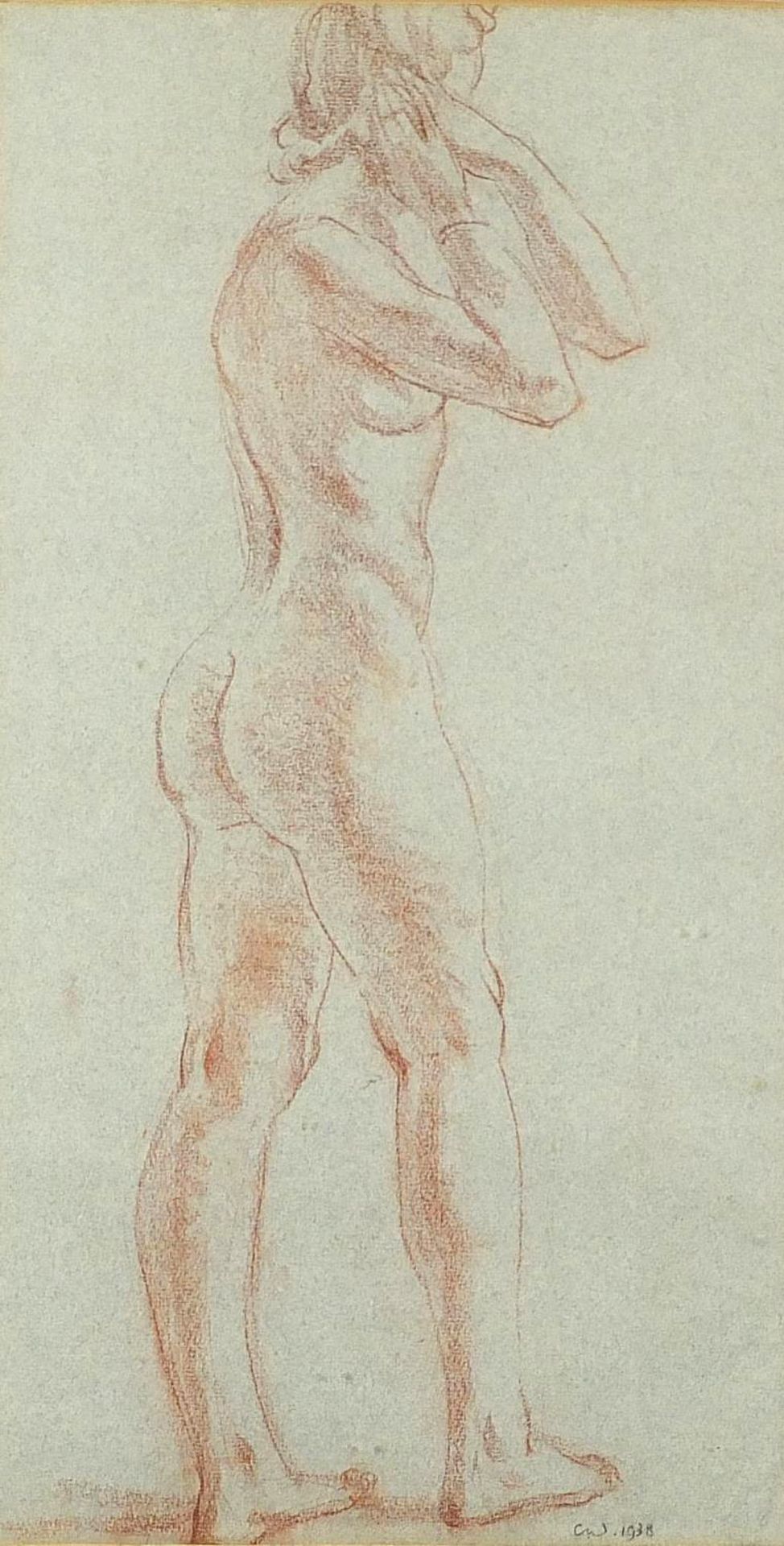 Full length portrait of a standing nude female, sanguine chalk, inscribed in ink verso Charles
