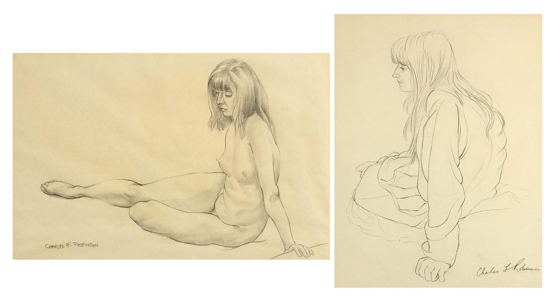 Charles F Robinson - Seated girl and nude female, two signed pencil drawings, each inscribed Cookham