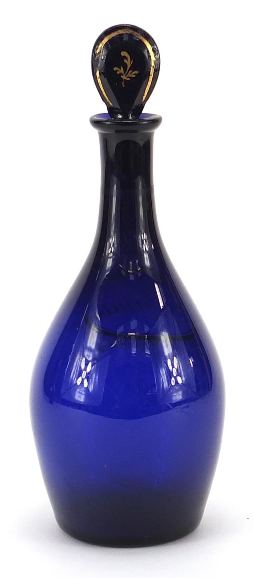 18th/19th century Bristol blue glass decanter with gilt decoration, inscribed Hollands, 23cm high - Image 2 of 3
