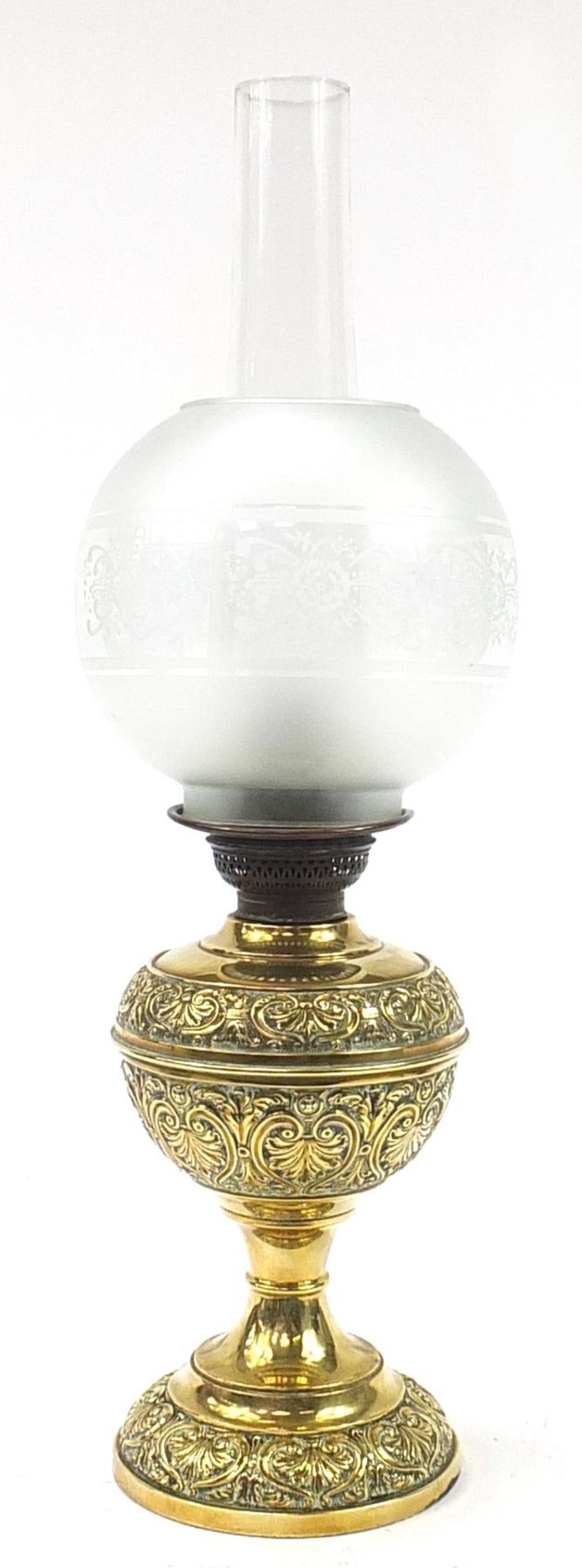 The Wizard Burner brass oil lamp with globular glass shade, 62.5cm high - Image 2 of 4