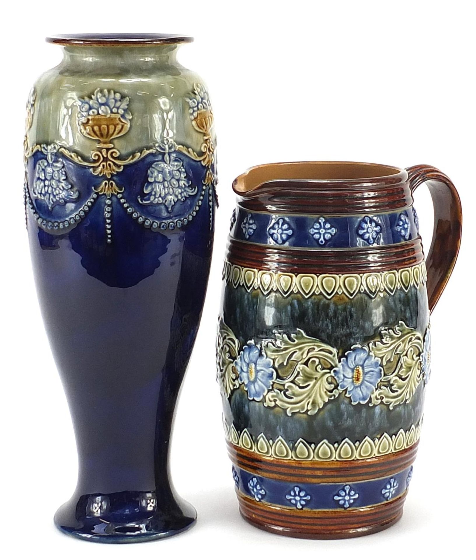 Doulton Lambeth stoneware jug and Royal Doulton stoneware vase hand painted with stylised flowers,