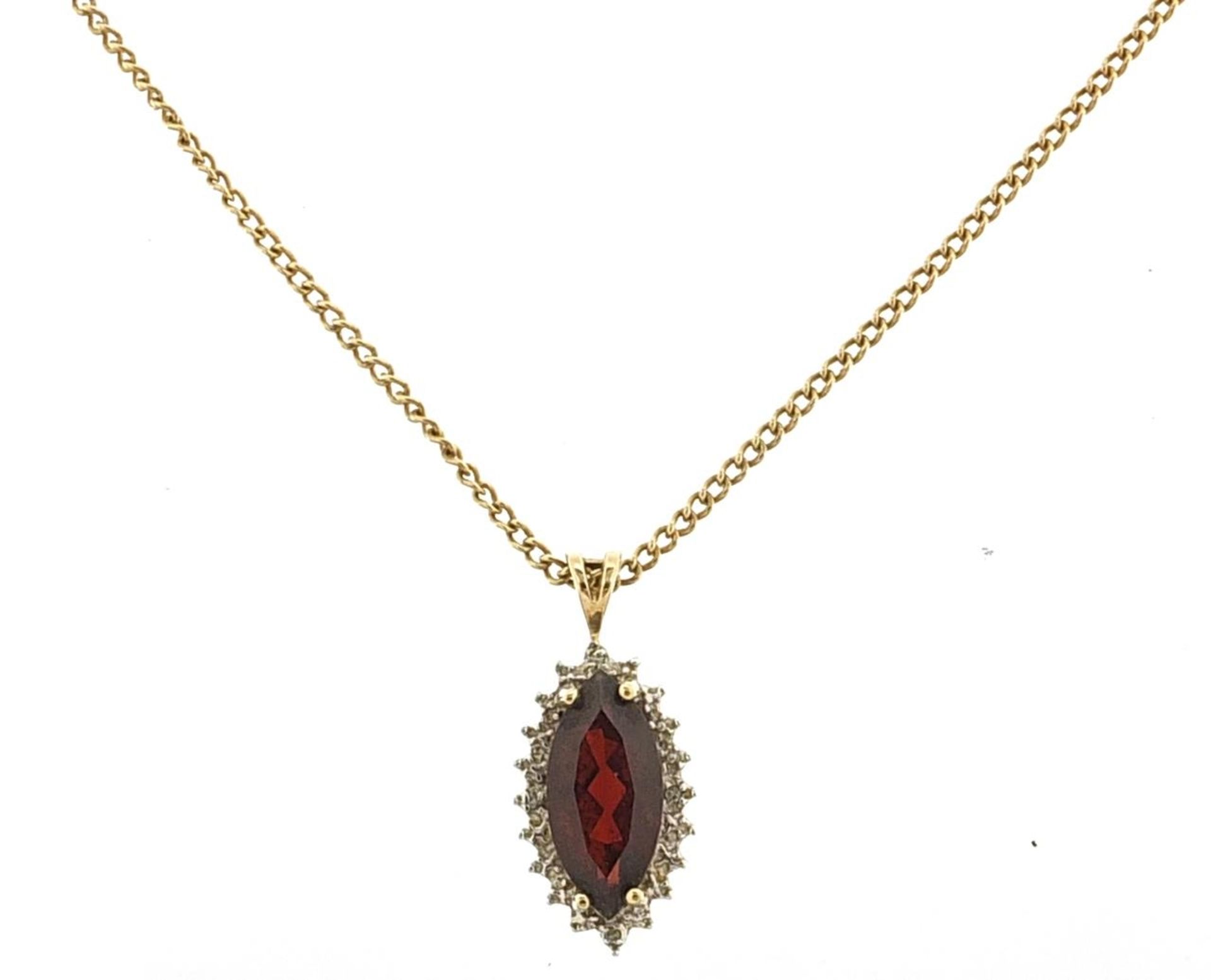 9ct gold garnet and diamond cluster pendant on a 9ct gold necklace, 2.5cm high and 45cm in length,