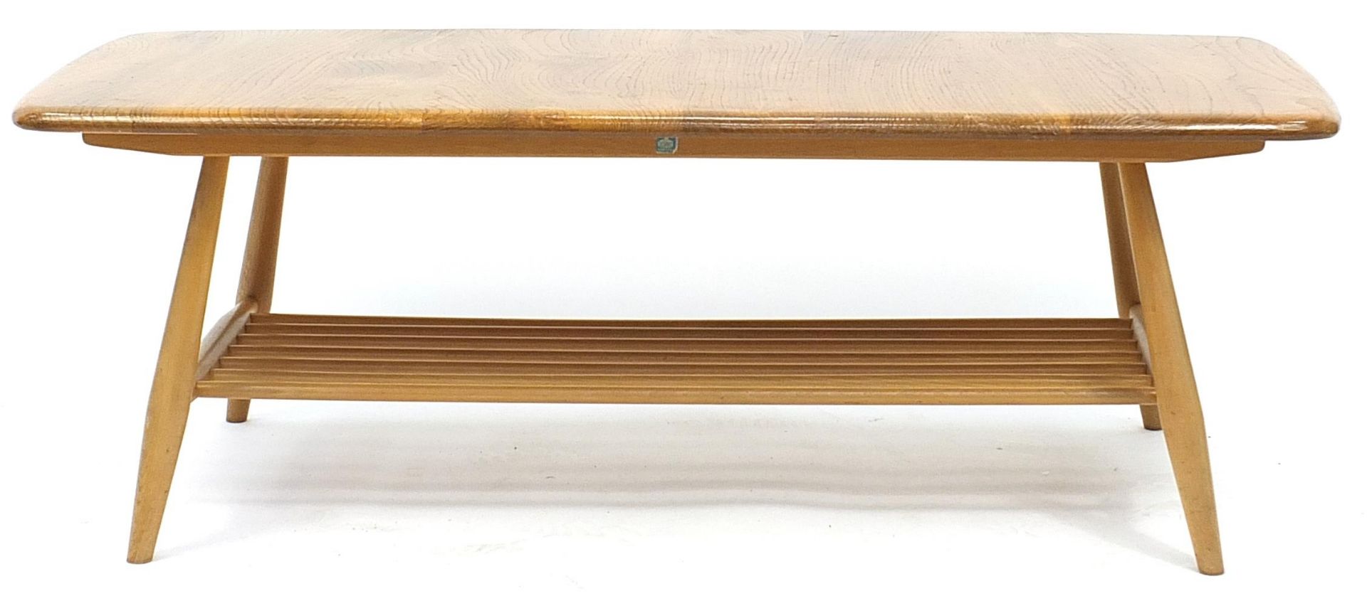 Vintage Ercol light elm coffee table with rack, 36cm H x 102cm W x 43cm D - Image 2 of 6