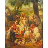 Figures at a market, Orientalist oil on wood panel bearing an indistinct label verso, mounted and