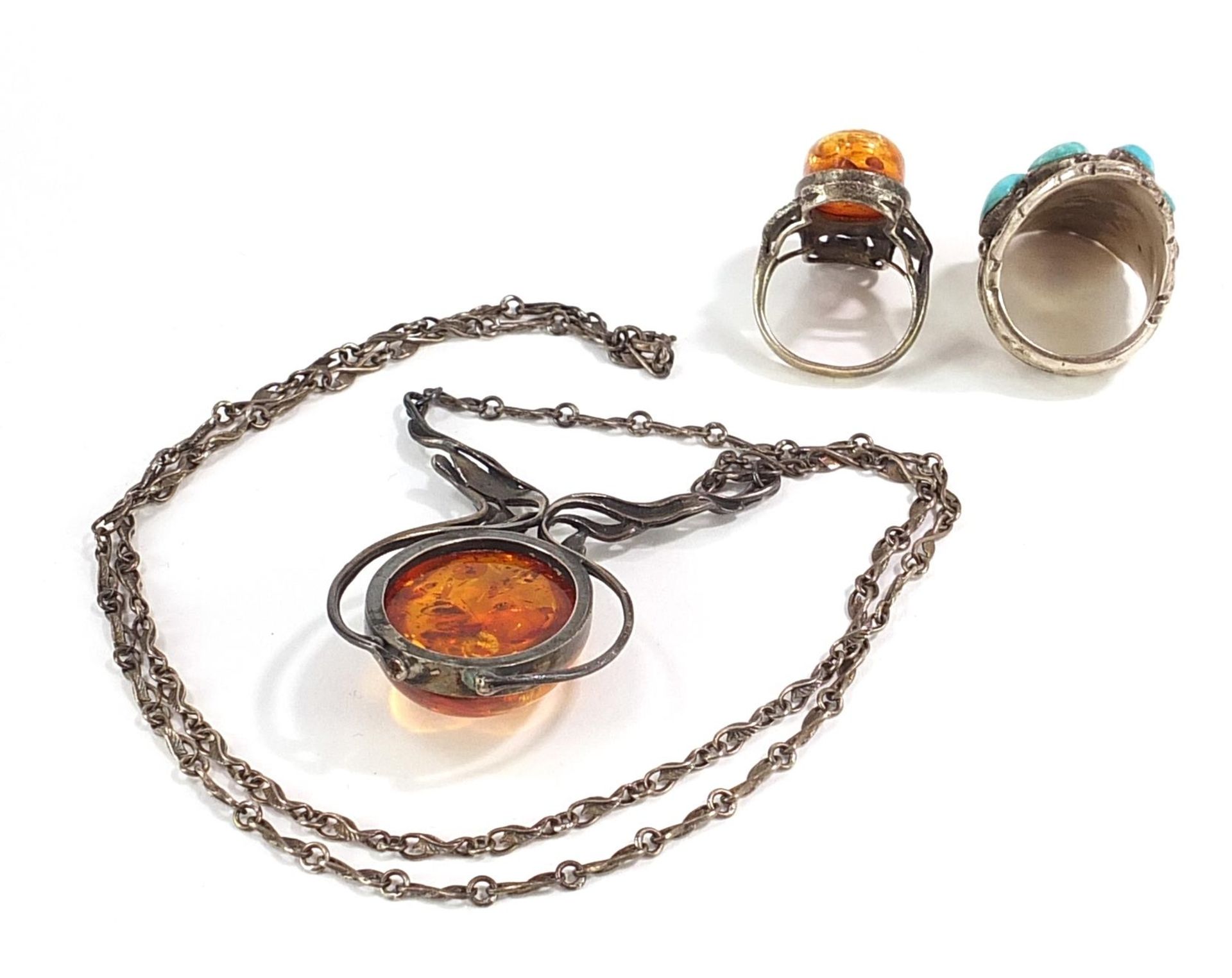 Silver jewellery comprising natural amber necklace, natural amber marcasite ring and a turquoise - Image 2 of 3