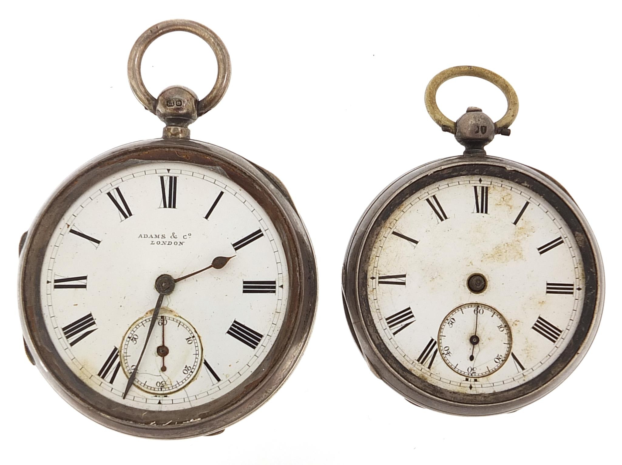 Two gentlemen's silver open face pocket watches including Adams & Co, the fusee movement numbered