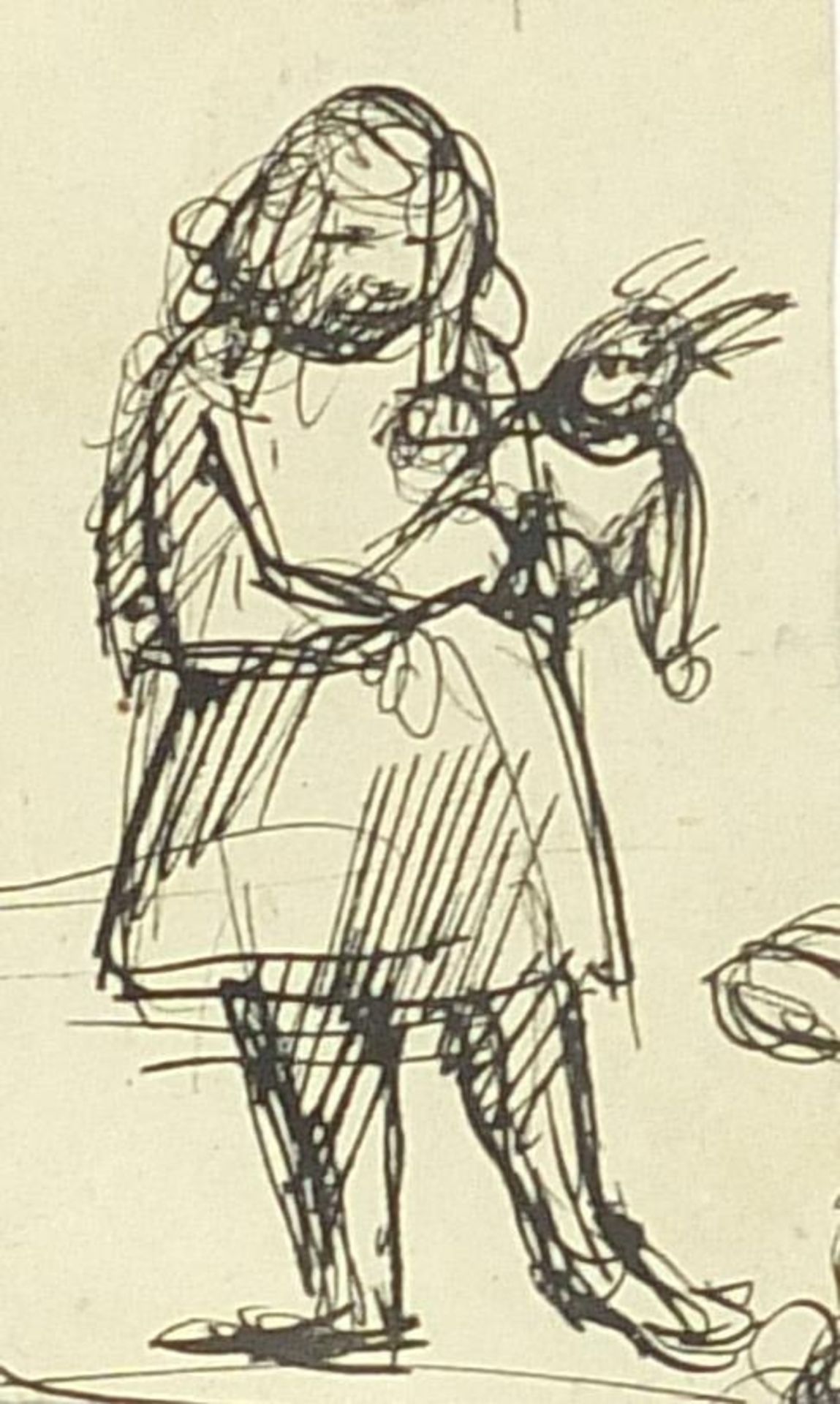 Young girl with a doll and figures in an interior, two pen and ink sketches, each mounted, framed - Bild 4 aus 6