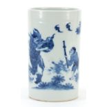 Chinese blue and white porcelain brush pot hand painted with demons, 16.5cm high