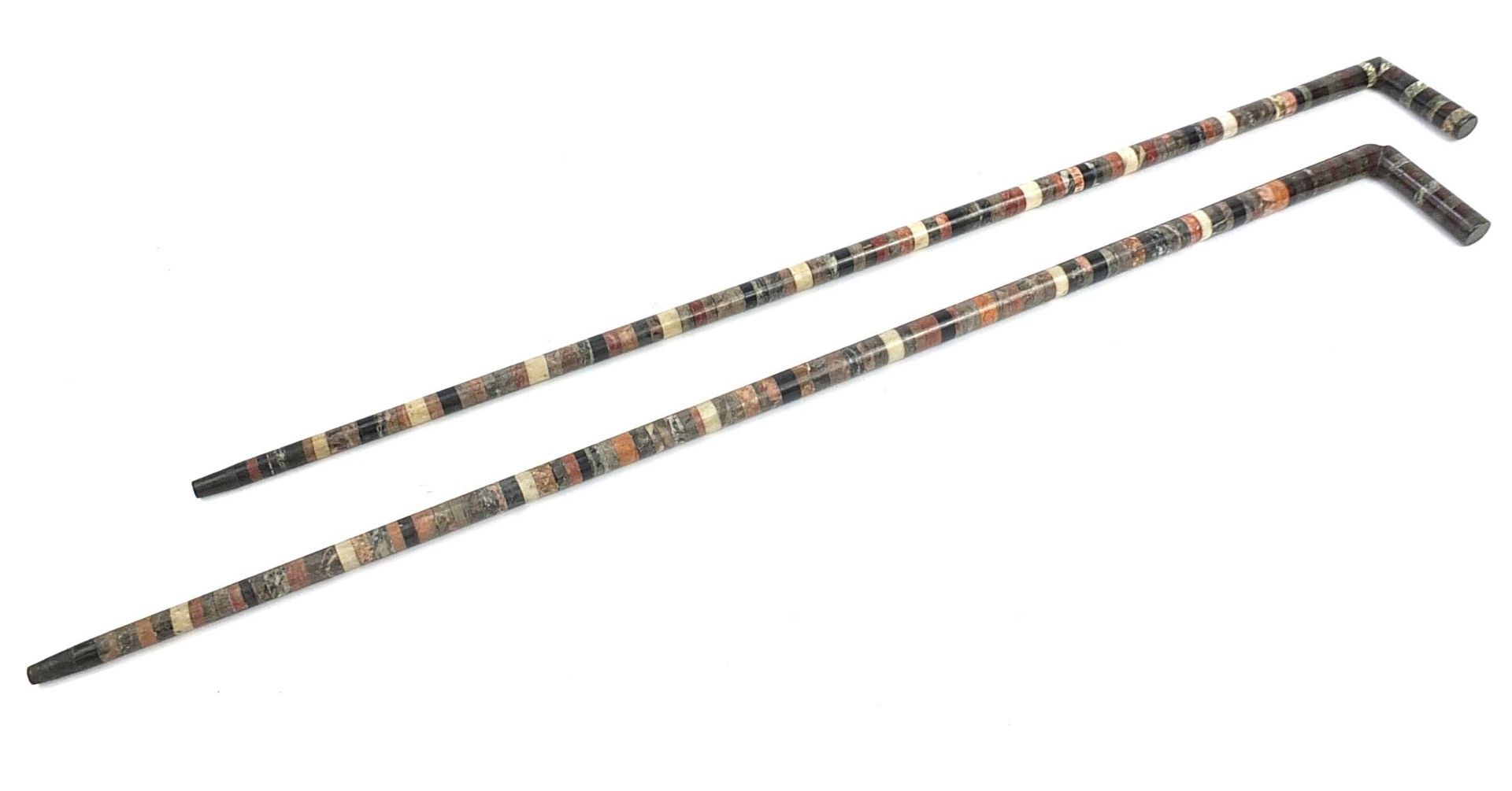 Pair of specimen marble sectional walking sticks, each 89.5cm in length - Image 2 of 3