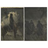 Warrior on horseback and three figures, pair of Japanese woodblock prints in colour, one with