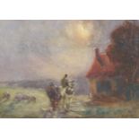 Moonlit landscape with horses and cottage, early 20th century watercolour, indistinctly signed and