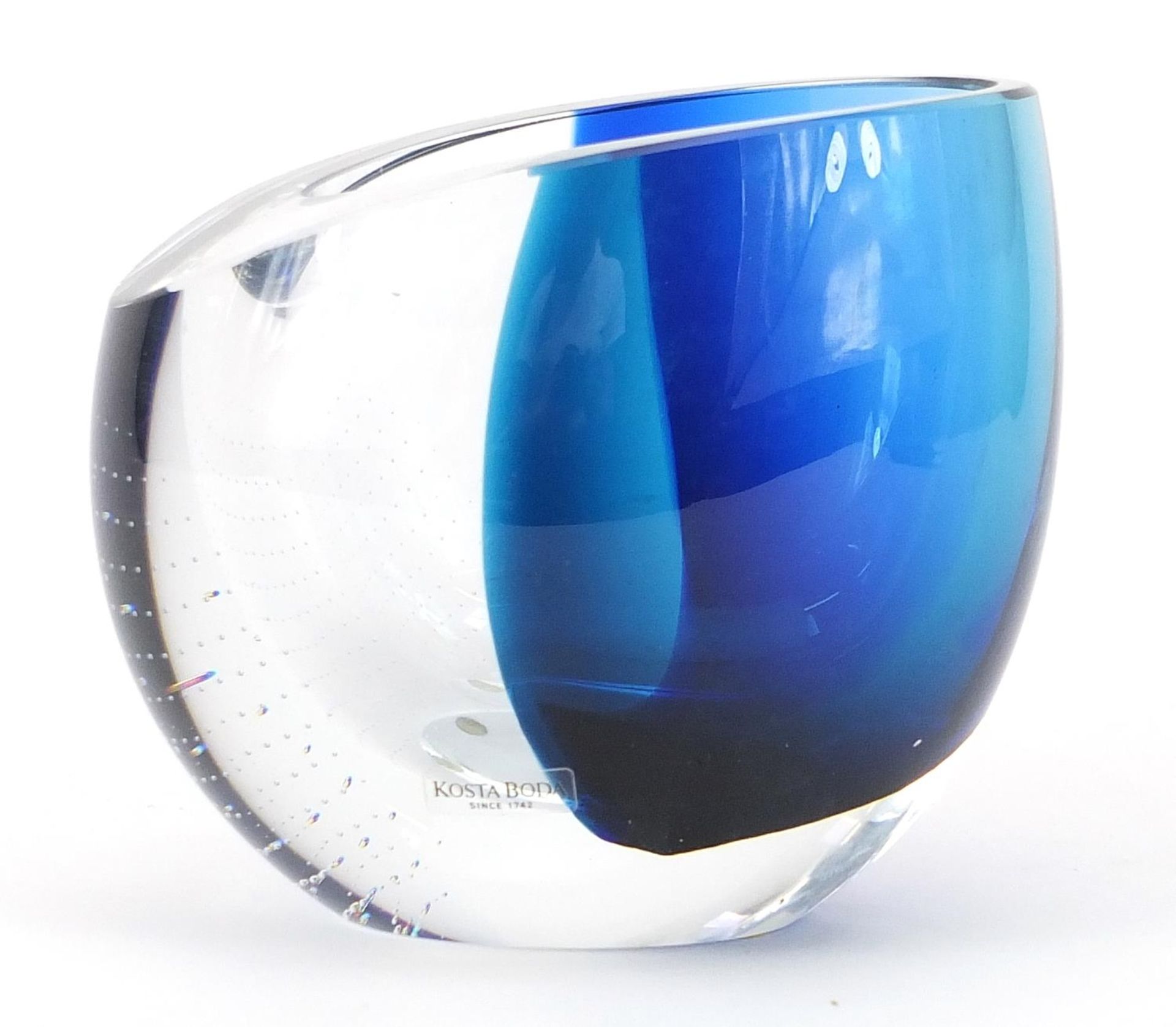 Goran Warff for Kosta Boda, Swedish blue and clear art glass vase, signed to the base, 12.5cm high - Image 2 of 5