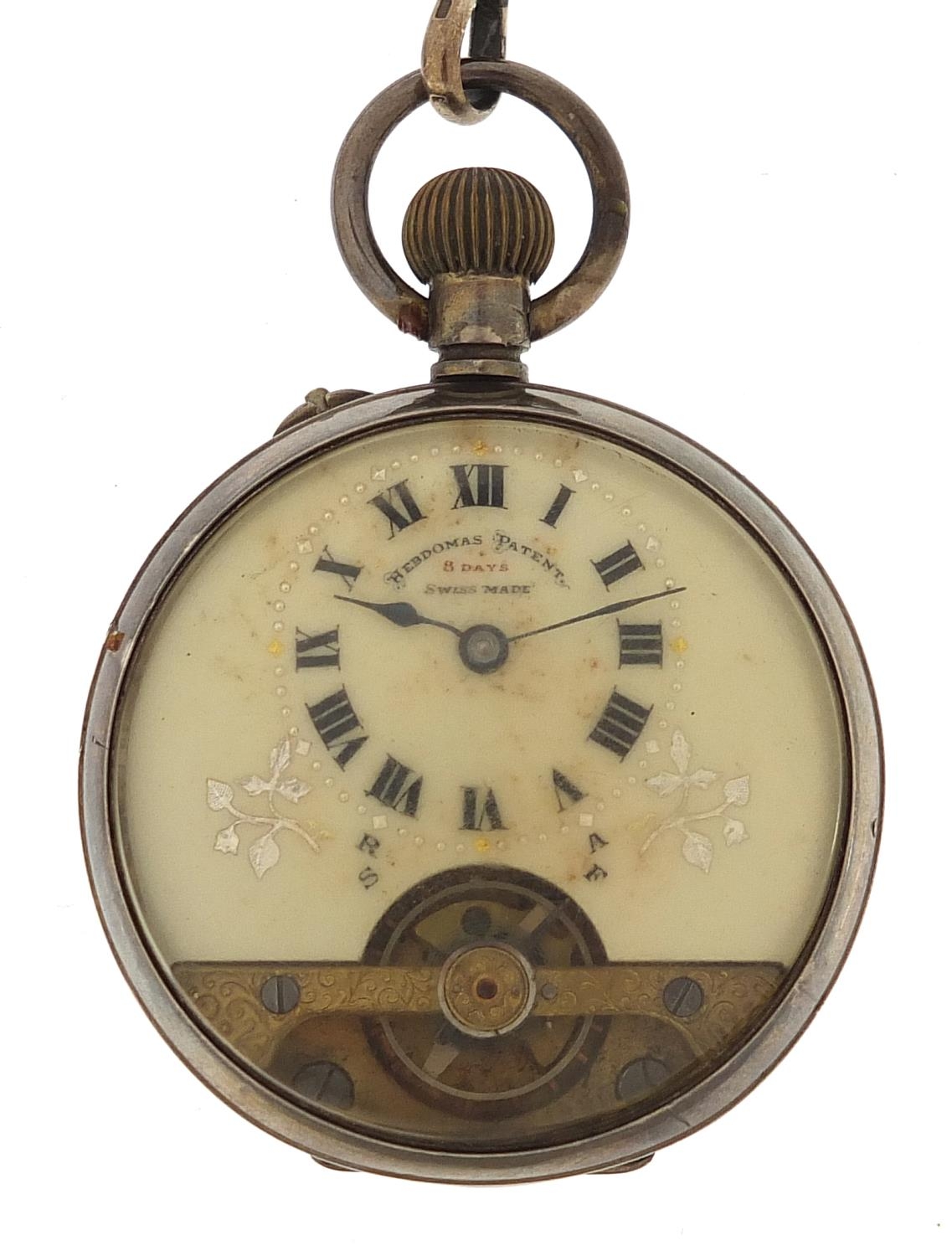 Hebdomas, gentlemen's silver open face pocket watch on a silver watch chain with T bar and jewel, - Image 2 of 5