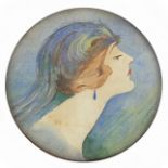 Portrait of an Art Nouveau female, circular watercolour, framed and glazed, 13.5cm in diameter