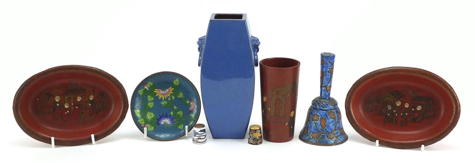 Oriental porcelain and objects including a square section vase with animalia ring turned handles,