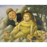 After Fernando Botero - Two figures, Colombian school oil on board, mounted and framed, 49.5cm x