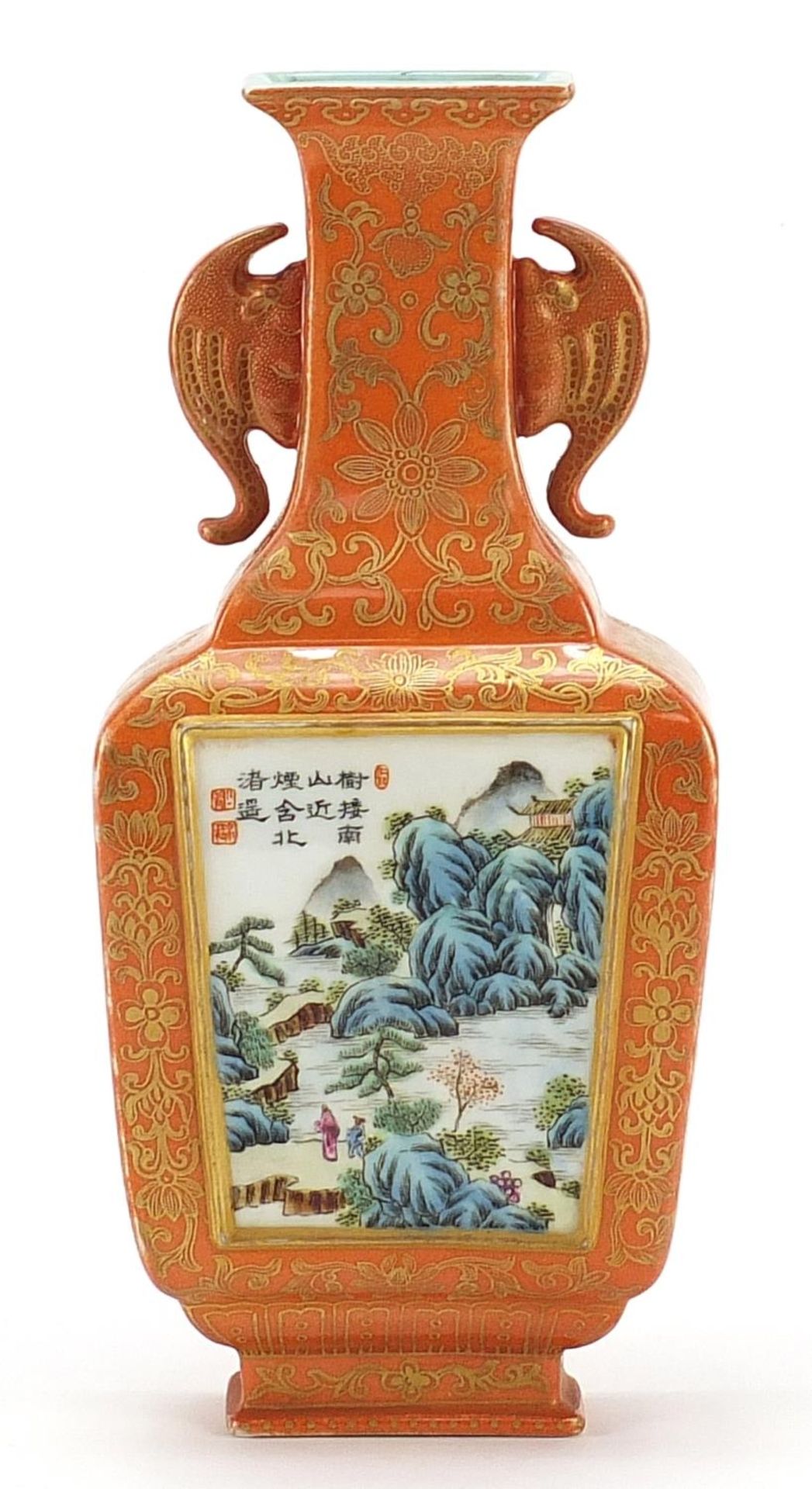 Chinese porcelain wall vase with bat design twin handles hand painted in the famille rose palette