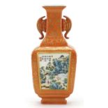 Chinese porcelain wall vase with bat design twin handles hand painted in the famille rose palette