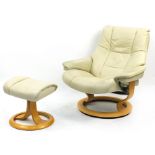 Stressless Ekornes, cream leather easy chair and footstool, 100cm high