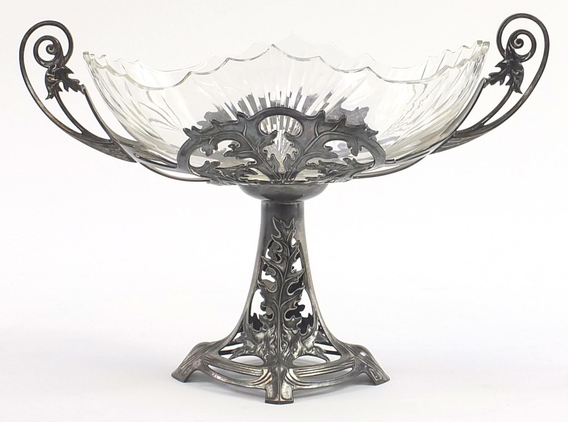 Manner of WMF, German Art Nouveau pewter centrepiece with cut glass bowl, numbered 658 to the