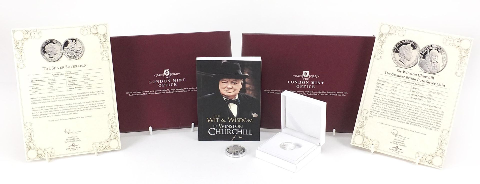 Elizabeth II 2019 silver sovereign and a silver proof half crown commemorating Sir Winston Churchill