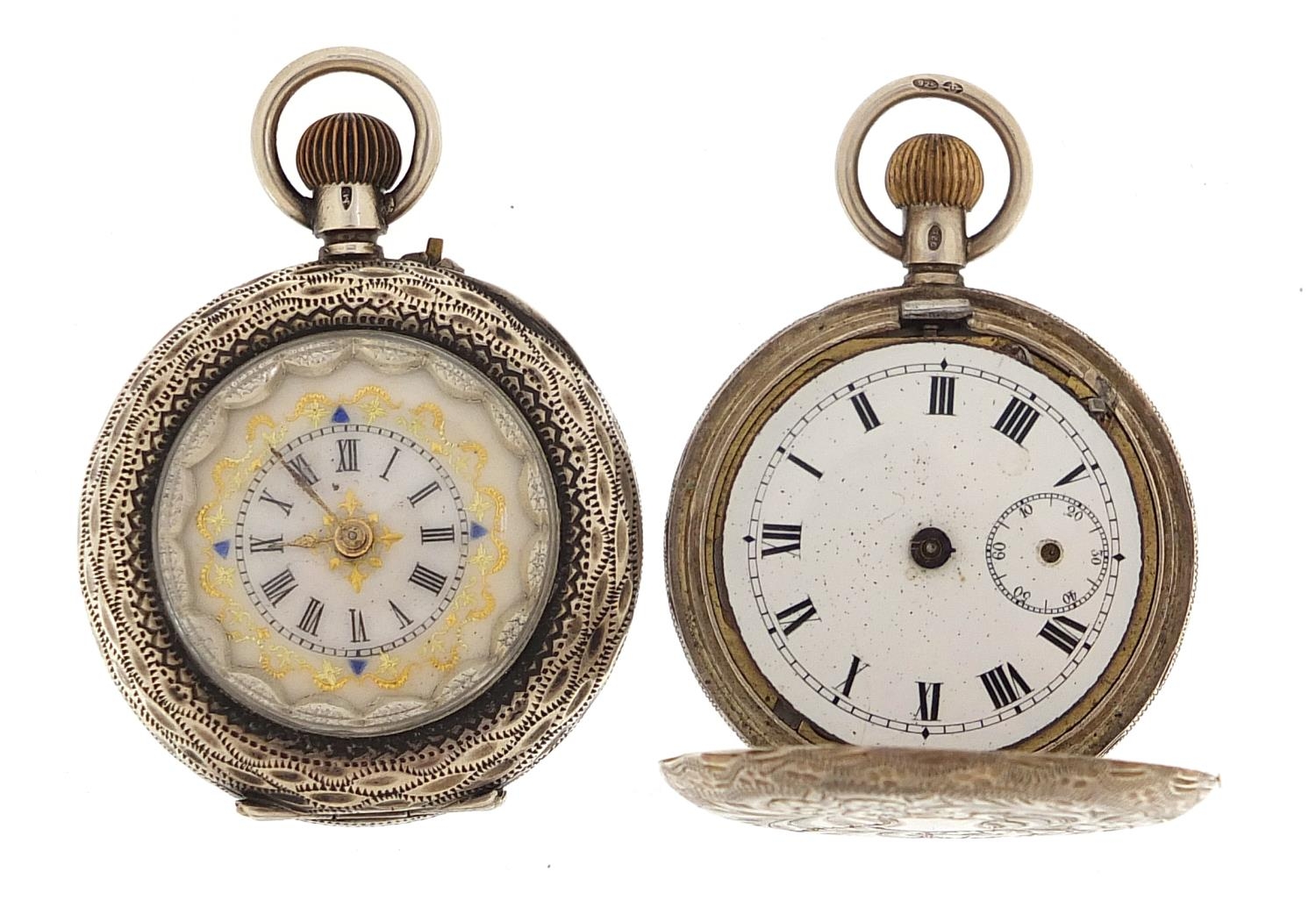 Two ladies silver pocket watches including a full hunter, both with enamelled dials, the largest