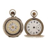 Two ladies silver pocket watches including a full hunter, both with enamelled dials, the largest