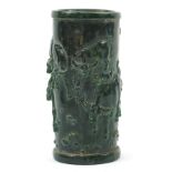 Modern Chinese jade style brush pot decorated in relief with water buffaloes, 20cm high