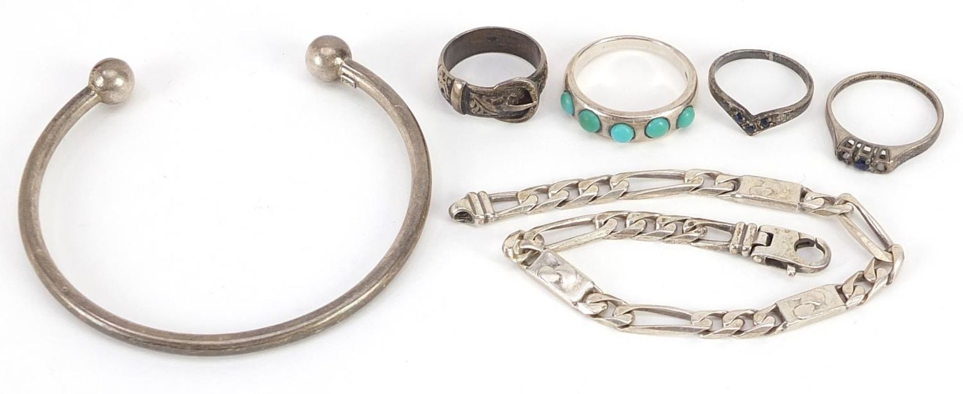 Silver jewellery including Figaro link bracelet, rings and bangle, 31.5g