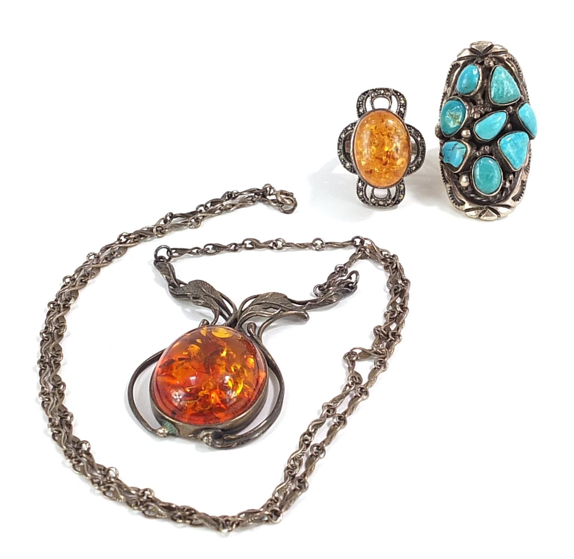 Silver jewellery comprising natural amber necklace, natural amber marcasite ring and a turquoise