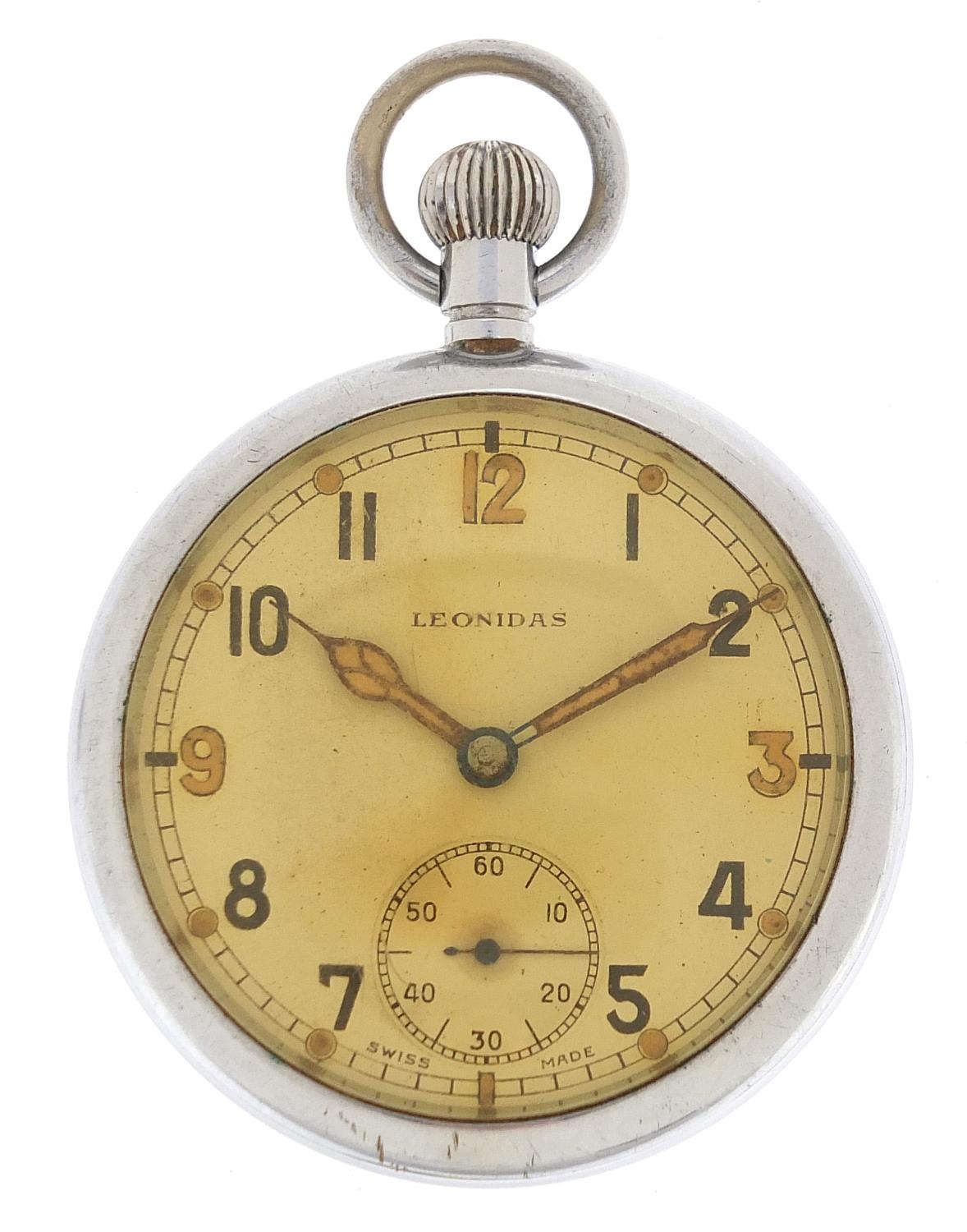 Leonidas, military interest open face pocket watch engraved G.S.T.P.N.8455, 50mm in diameter