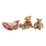 Three jewelled and enamel gilt metal trinkets in the form of teddy bears and a butterfly, the