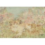 Jill Colquhoun 1989 - Cat amongst flowers, watercolour on silk, mounted, framed and glazed, 43cm x