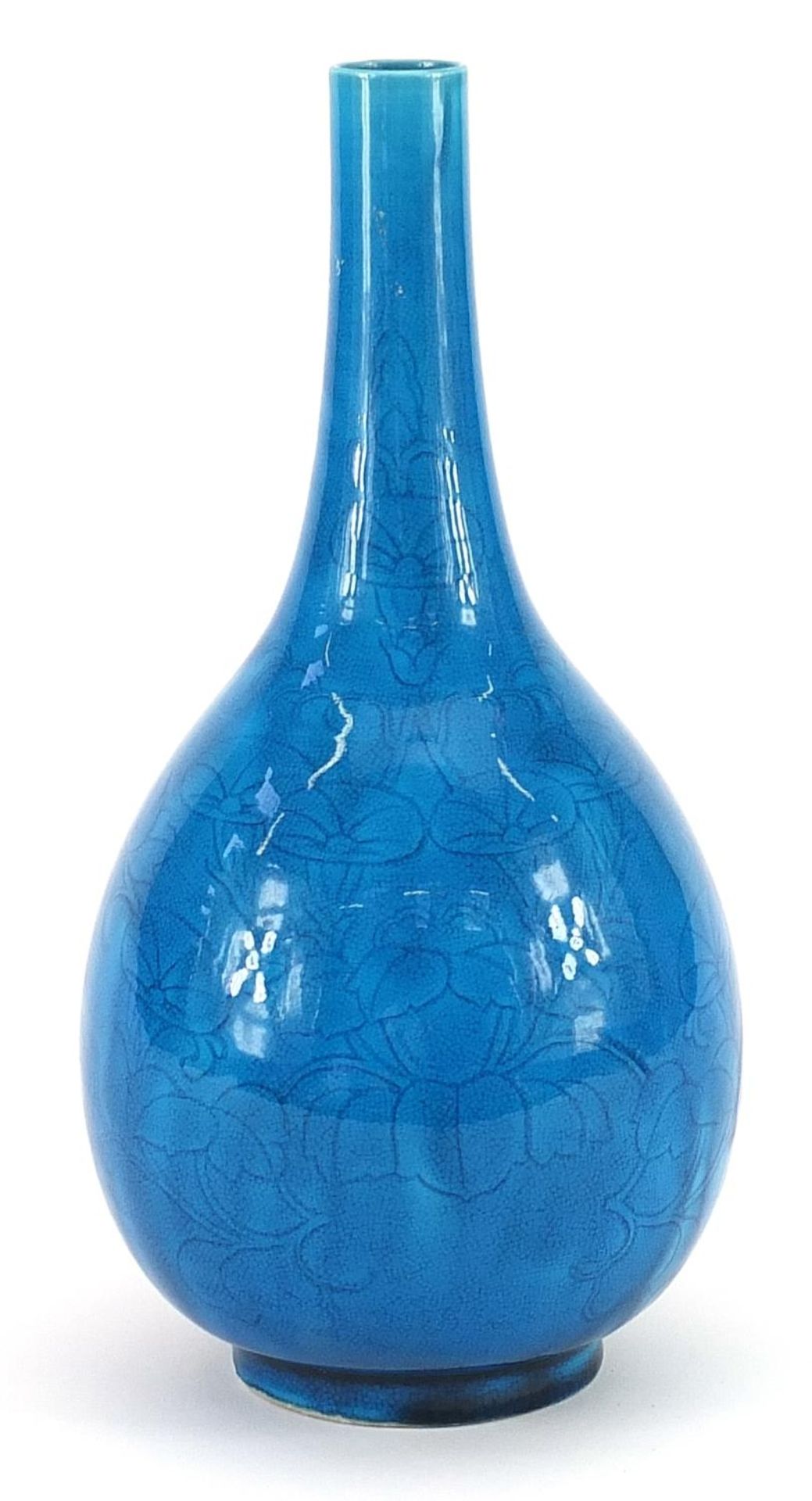 Chinese blue and white porcelain long neck vase incised underglaze with flowers, 25.5cm high - Image 2 of 3