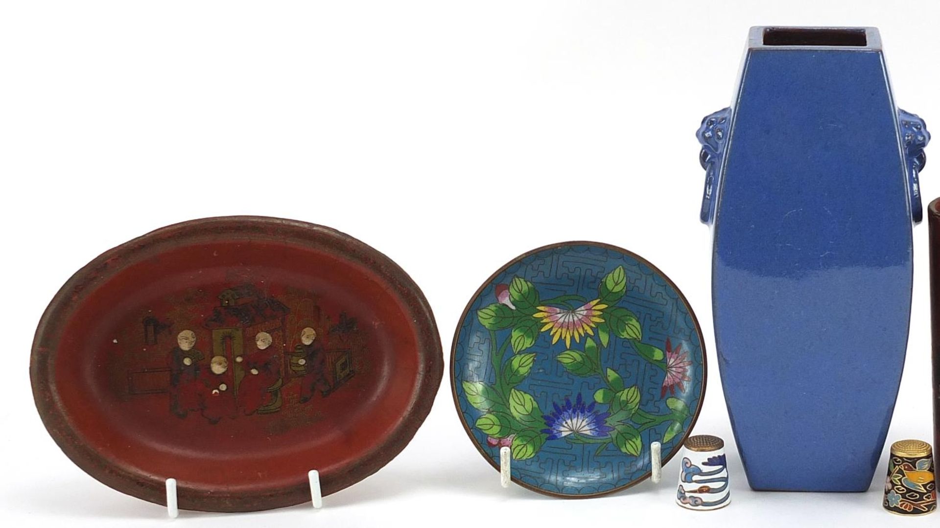 Oriental porcelain and objects including a square section vase with animalia ring turned handles, - Image 2 of 5