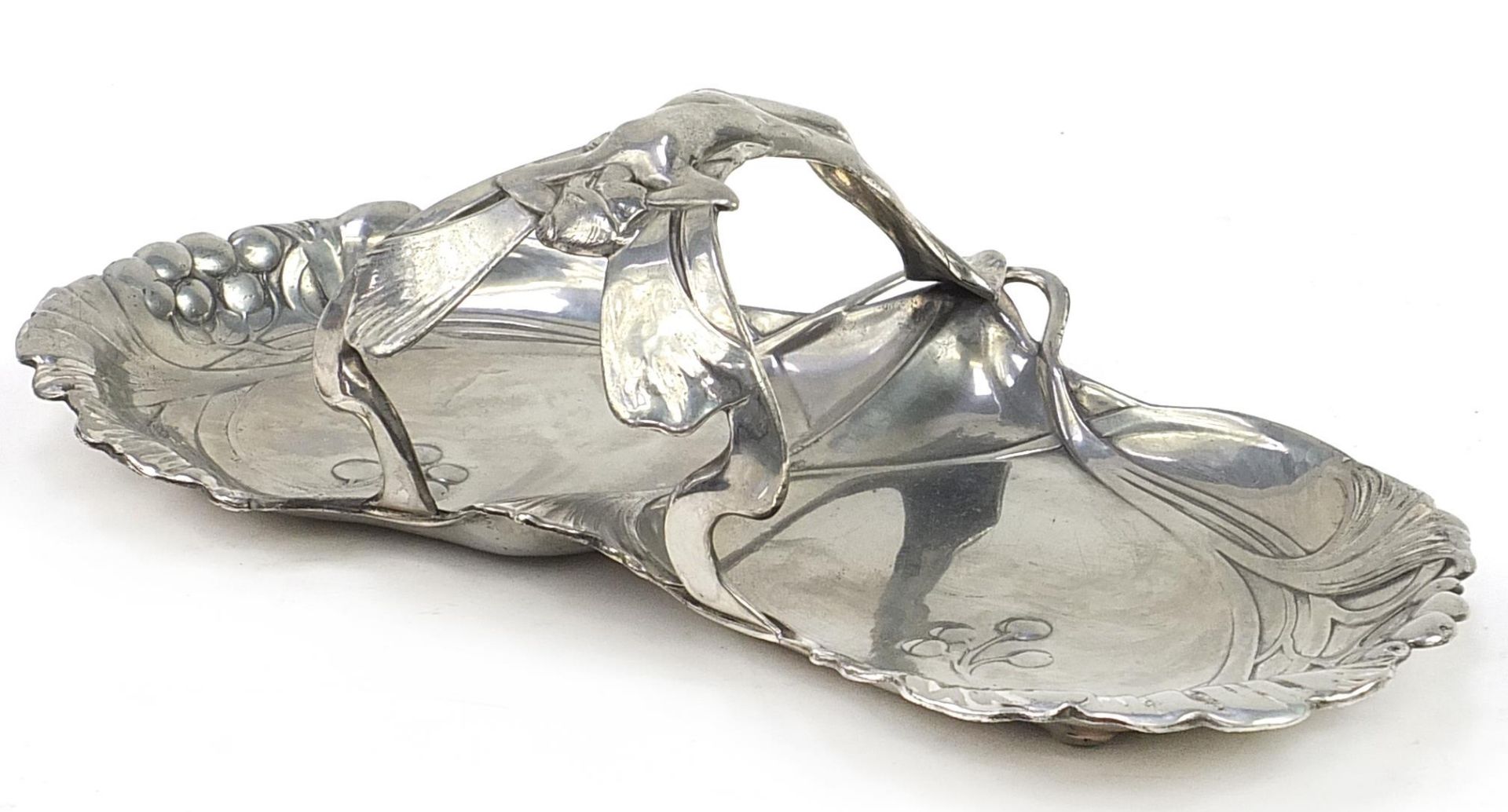 WMF, German Art Nouveau pewter swing meat dish with handle in the form of a nude female, 31cm wide - Image 2 of 4