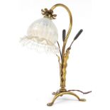 Manner of WAS Benson, Arts & Crafts gilt brass naturalistic pullman lamp with Vaseline frilled glass